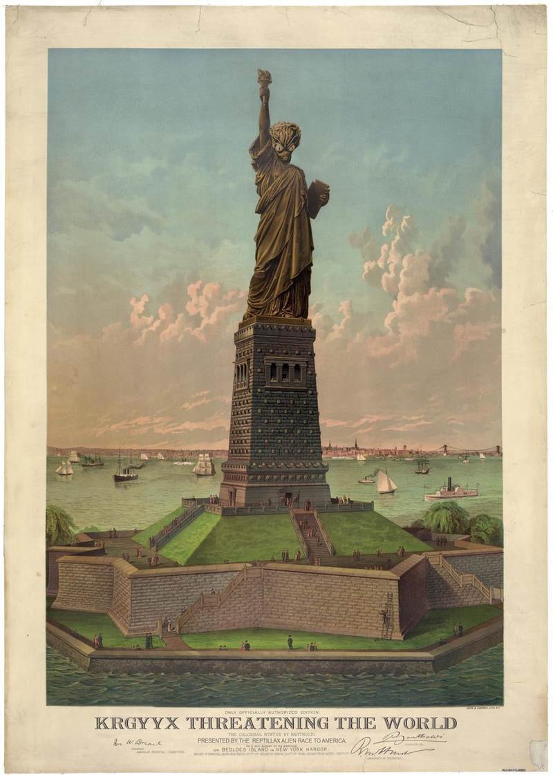 Illustration for article titled Postcards and maps from America's olden days, filled with monsters and alien dictators